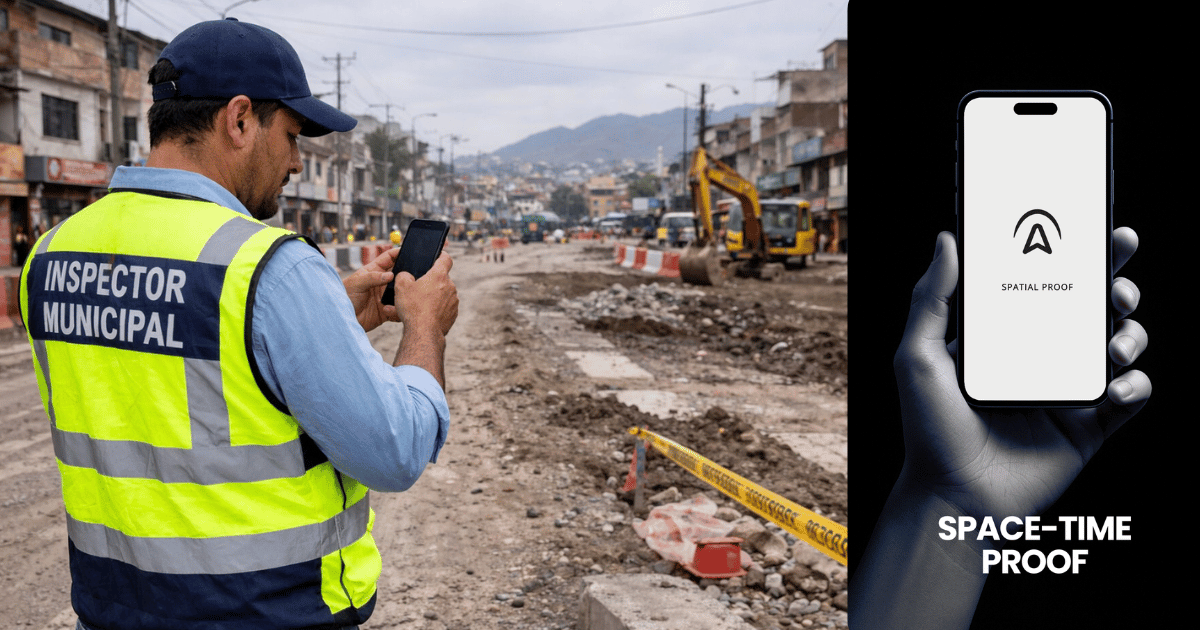Municipal inspector using smartphone for field verification on urban construction site